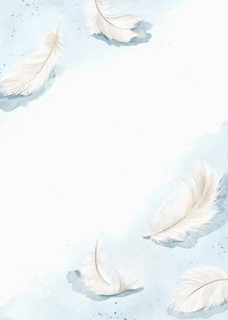 Watercolor vintage composition of variety white feathers on blue background with paper texture. Hand drawn illustration sketch