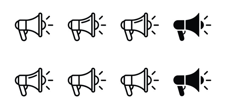 Set of eight megaphone featuring black outline and solid silhouette styles arranged in two rows on a white background for communication and announcement concepts