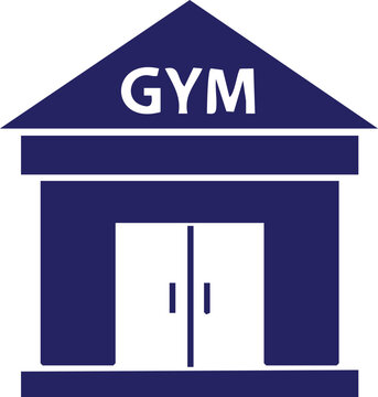 Exterior of a modern gym building with double doors and a triangular roof, fitness center