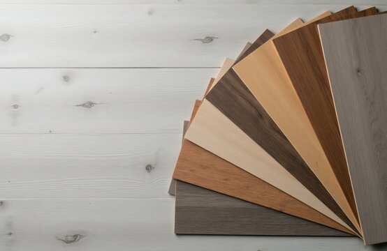 Assortment of luxury vinyl flooring samples fanned out on white wood plank background. Various wood grain textures, neutral colors displayed for home renovation options, interior design choices for
