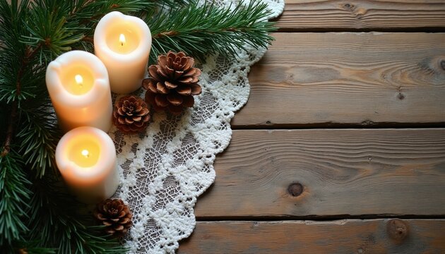 Three white candles burn with pine branches and pinecones on lace and wood. Natural winter decor creates a cozy, inviting atmosphere for holidays or crafting.