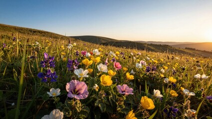 Colorful wildflowers blooming on hillside meadow at sunrise © mila103