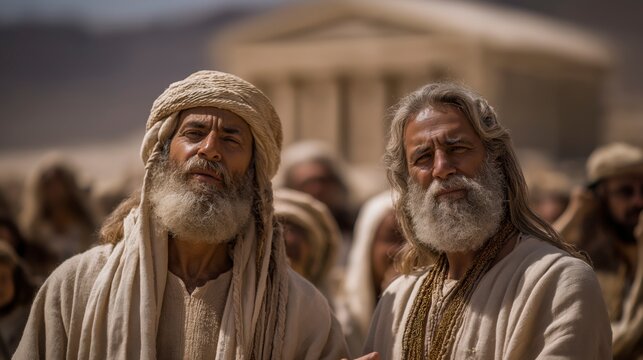 Outside the Tabernacle, Moses and Aaron teach the people about clean and unclean animals as attentive families listen beneath the bright desert midday sun.
