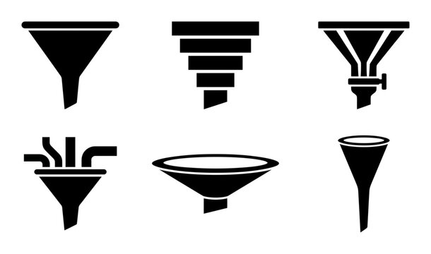 6 funnel silhouette icons set, solid black style, for data filtering, sales process, marketing analysis