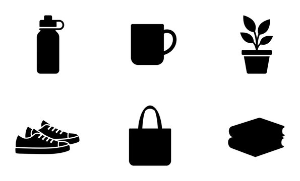 6 everyday item silhouette icons, solid black style, personal accessories collection for daily life needs