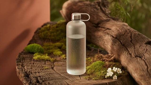 Frosted glass water bottle on rustic wooden log with moss and flowers.