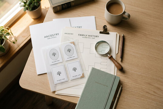 A person is engaged in ancestry research at a wooden desk. Papers related to family history and research notes lay scattered around. A cup of coffee sits nearby, and sunlight fills the room.