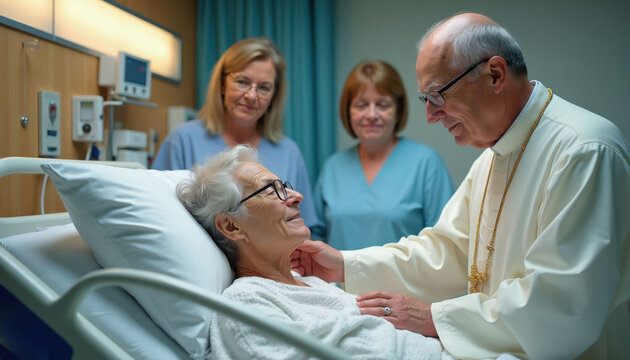 Priest anoints elderly woman in hospital bed. Nurses watch gently. Family present offers support during her final days. Spiritual care in medical setting.