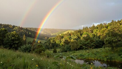 Naklejka premium Double rainbow over grassy hillside with small pond