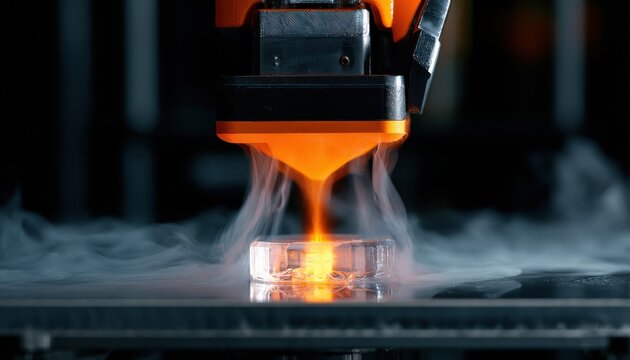 Close-up of 3D printer extruding molten metal
