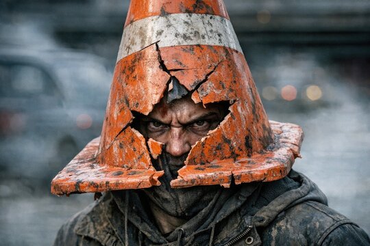 A person wearing an ice cream cone as a hat, probably for a funny photo shoot or prank