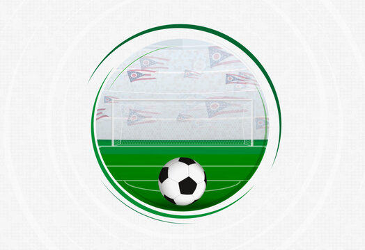 Ohio football fan celebration scene featuring a soccer ball, goal net, and waving national flags in a stadium.