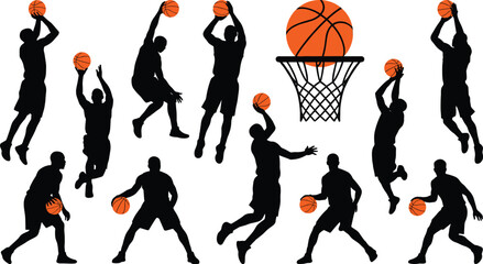 Basketball player silhouette collection featuring dribbling, jumping, shooting, and hoop action isolated on white background © Sadhin Artlance