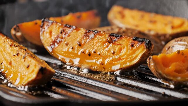 Grilled Sweet Potato Wedges Sizzling on a Hot Pan.