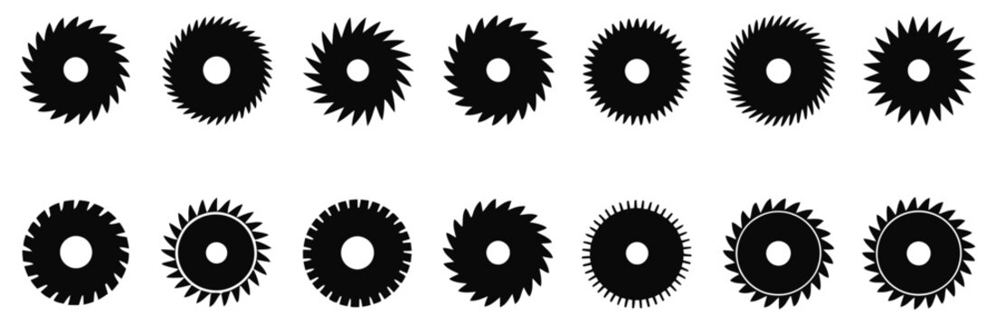 Saw blade silhouettes icon collection showing circular saw blade symbols for carpentry, woodworking, and industrial tool branding and logo design vector artwork.