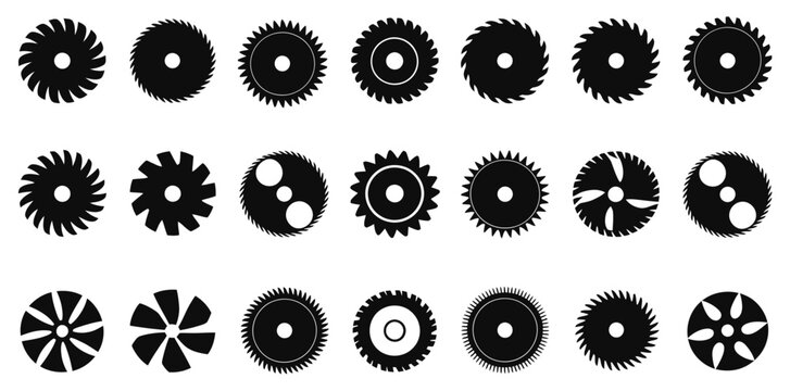 Saw blade silhouettes icon collection featuring circular blade symbols for woodworking, carpentry tools, and professional construction logo design vector illustration.