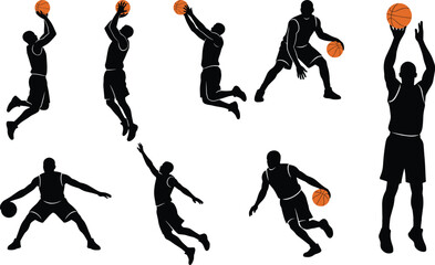 Basketball player silhouette set featuring dribbling, jumping, shooting, and athletic game action isolated on white background © Sadhin Artlance