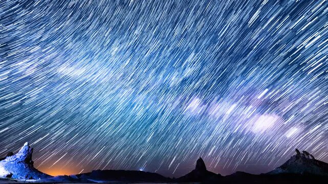 Star Trails of Milky Way Galaxy in Southeast Sky at 14mm Over Mojave Desert Astrophotography Time Lapse in California USA