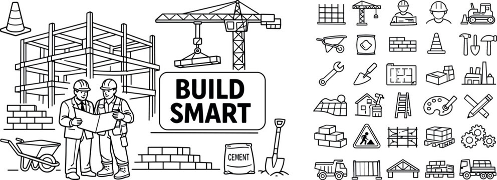 Construction site with engineers planning and various building elements and tools