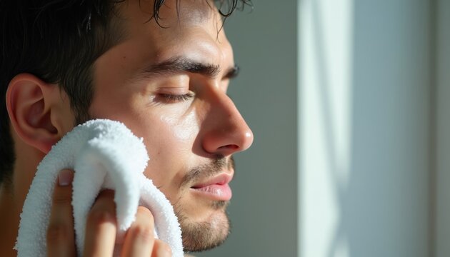 Man gently pats his face with soft white towel after washing. Close up profile captures serene expression, wet hair, clear skin, morning light. Daily hygiene ritual.