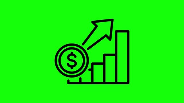 Financial growth graph with rising arrow and dollar coin icon on green screen background