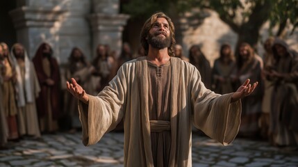 Fototapeta premium Paul blesses gathered believers in warm light, revealing how grace flows through faithful lives to strengthen unity and anchor hearts in enduring hope beyond every trial 