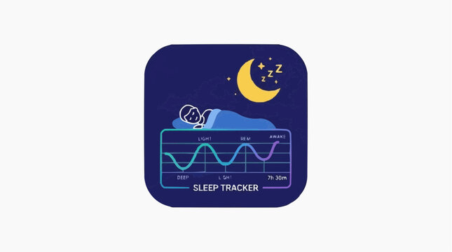 Sleep Tracker Icon: An app icon illustrates a person sleeping soundly under a crescent moon, with data waves suggesting a sleep tracker's insights.