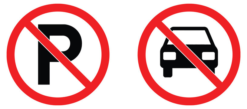No parking and no car prohibition sign icons showing restriction symbols for traffic control, road safety rules, and modern flat vector design systems.