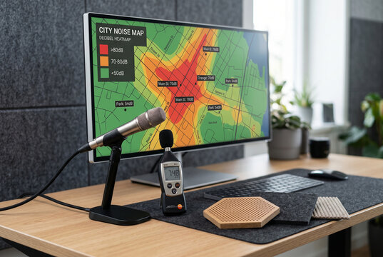 A display presents a city noise map showing different sound levels. A microphone and sound level meter sit on the desk next to the monitor. Greenery adds life to the workspace.