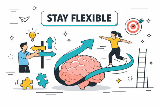 Adaptive Growth Skills. Clean editorial banner scene about adaptability and flexible thinking, a professional adjusting direction arrows while a teammate