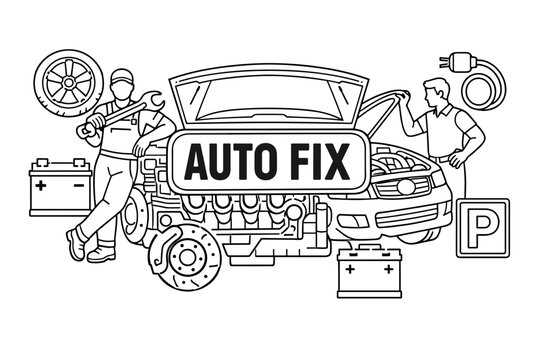 Automotive Service Symbols. Clean outline banner scene with oversized car front and exposed engine block stretching to opposite edges, one mechanic leaning