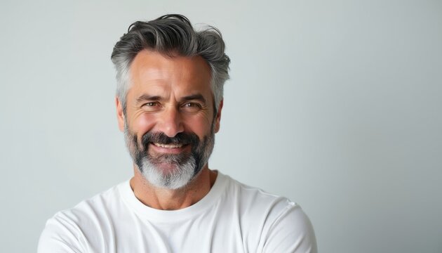Mature man with grey hair, beard smiles happily. Wears white t-shirt against plain background. Portrait conveys sense of confidence, approachability. Perfect for lifestyle business contexts.