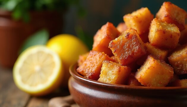 Crispy fried pork belly cubes served in bowl with lemon slices nearby. Delicious snack with golden brown crunchy texture, rich fat content, perfect for savory dish.