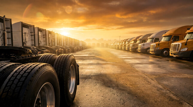 Large commercial truck fleet parked in rows at dramatic golden sunrise