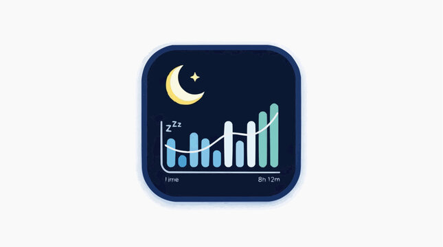 Sleep tracker app icon: A sleek app icon symbolizes sleep tracking with a crescent moon, rising bars representing sleep stages, and a linear graph indicating sleep quality over time.