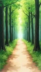 Fototapeta premium Green forest path perspective leading towards bright light. Tall trees line a dirt trail through lush woods. Peaceful nature scene, tranquil woodland.