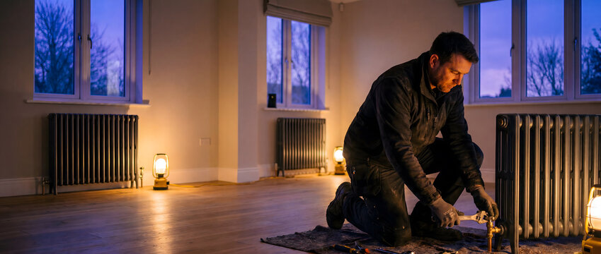 Heating engineer installing radiator pipework by blue hour window light