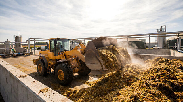 Wheel loader dumping biomass feedstock at a biogas plant on a sunny day