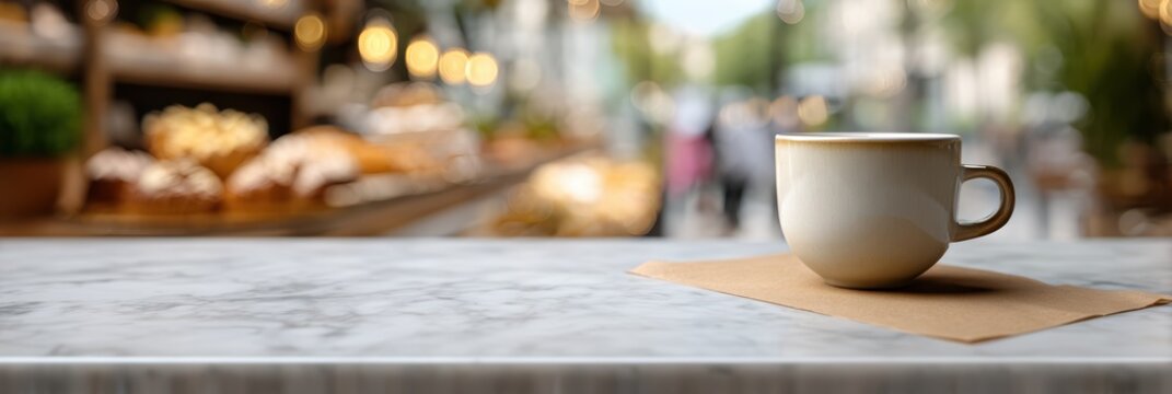 french caf advertisement, french caf template with a clear focus on a coffee cup and parchment paper, while the bakery interior provides an empty space for ads
