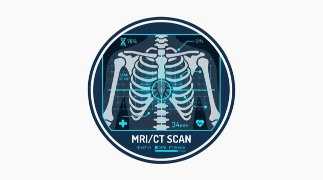 MRI/CT Scan: A sophisticated illustration of an MRI/CT scan, highlighting the intricate details of the human skeletal and circulatory systems within a circular, futuristic interface.