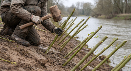 Fototapeta premium Worker hammering willow cuttings into riverbank for erosion control