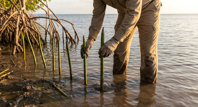 Worker planting mangrove propagules in shallow coastal water at golden hour