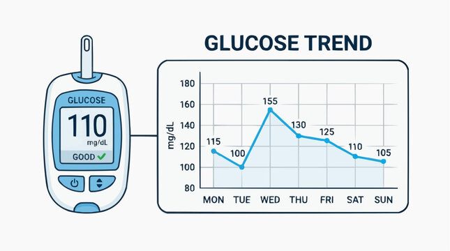 Diabetes Glucose trend illustration: A visual representation of blood glucose level, showing a digital glucose meter displaying a reading.