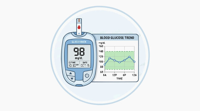 Blood Glucose Level Monitor: An image showcasing a blood glucose meter with a clear reading and a trend graph for health tracking.
