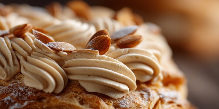 french pastry showcase, paris-brest with praline mousseline and toasted almondsa refined patisserie delight