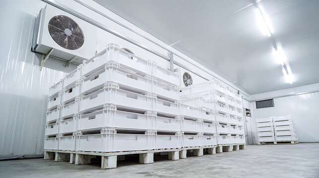 Industrial Cold Storage Facility Interior with Stacks of White Plastic Crates on Pallets and Modern Refrigeration Units on Ceiling
