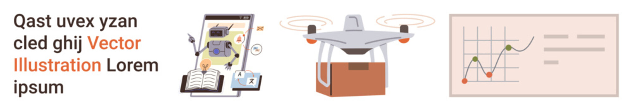 Digital transformation, logistics, analytics, e-commerce, technology, business growth. quadcopter carrying a package, digital screens analytical chart. Digital transformation and logistics concept