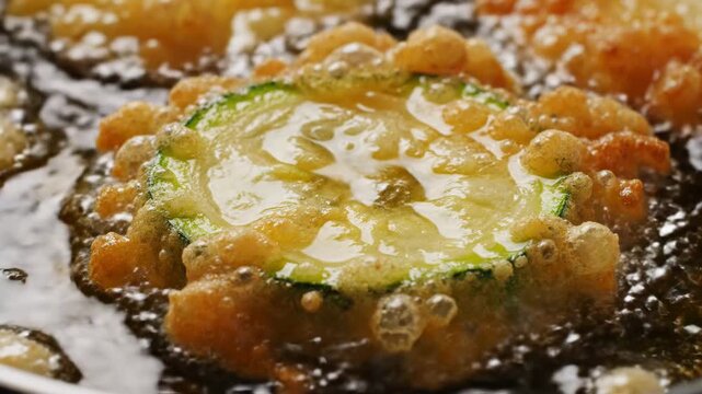 Close up of deep frying bitter melon tempura slices in hot oil.