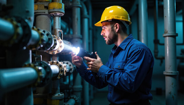 Man in hard hat examines pipes with flashlight in dark industrial room. Worker checks valves and connections on complex pipe system for maintenance and repair job.