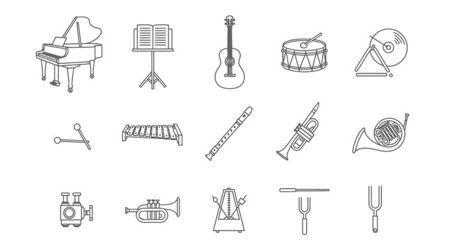 Collection of musical instruments in a simple black and white outline.